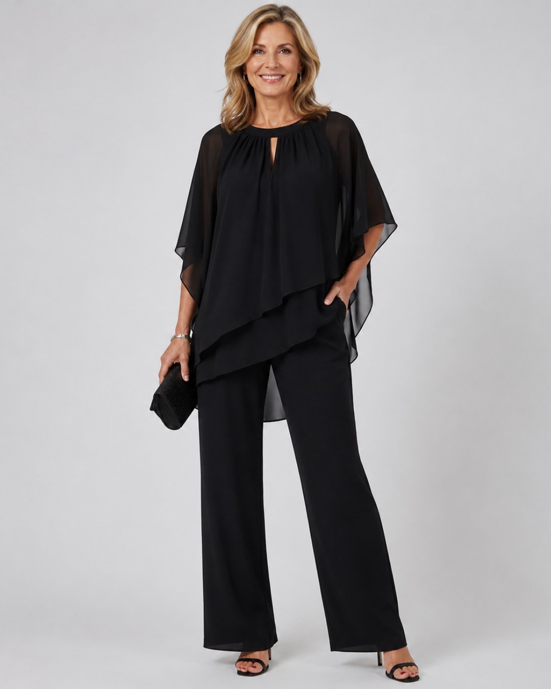 Chiffon Overlay Keyhole Layered Top and Straight Pants Two Piece Set