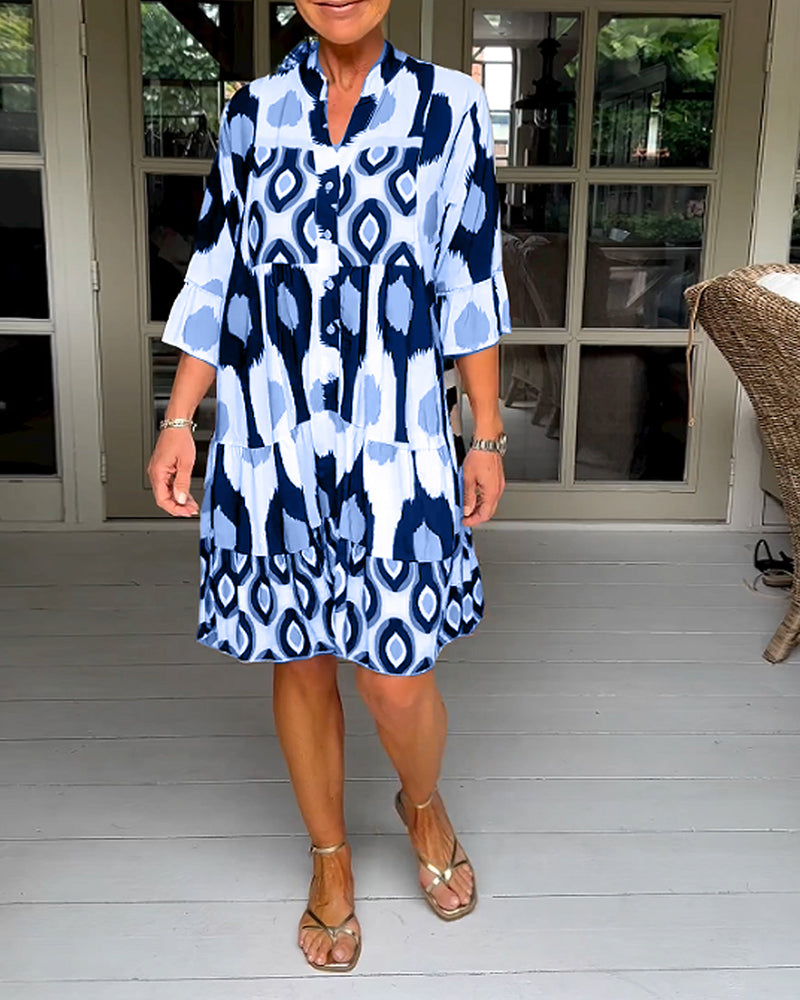 Abstract Print Button Front Flared Sleeve Tiered Midi Dress