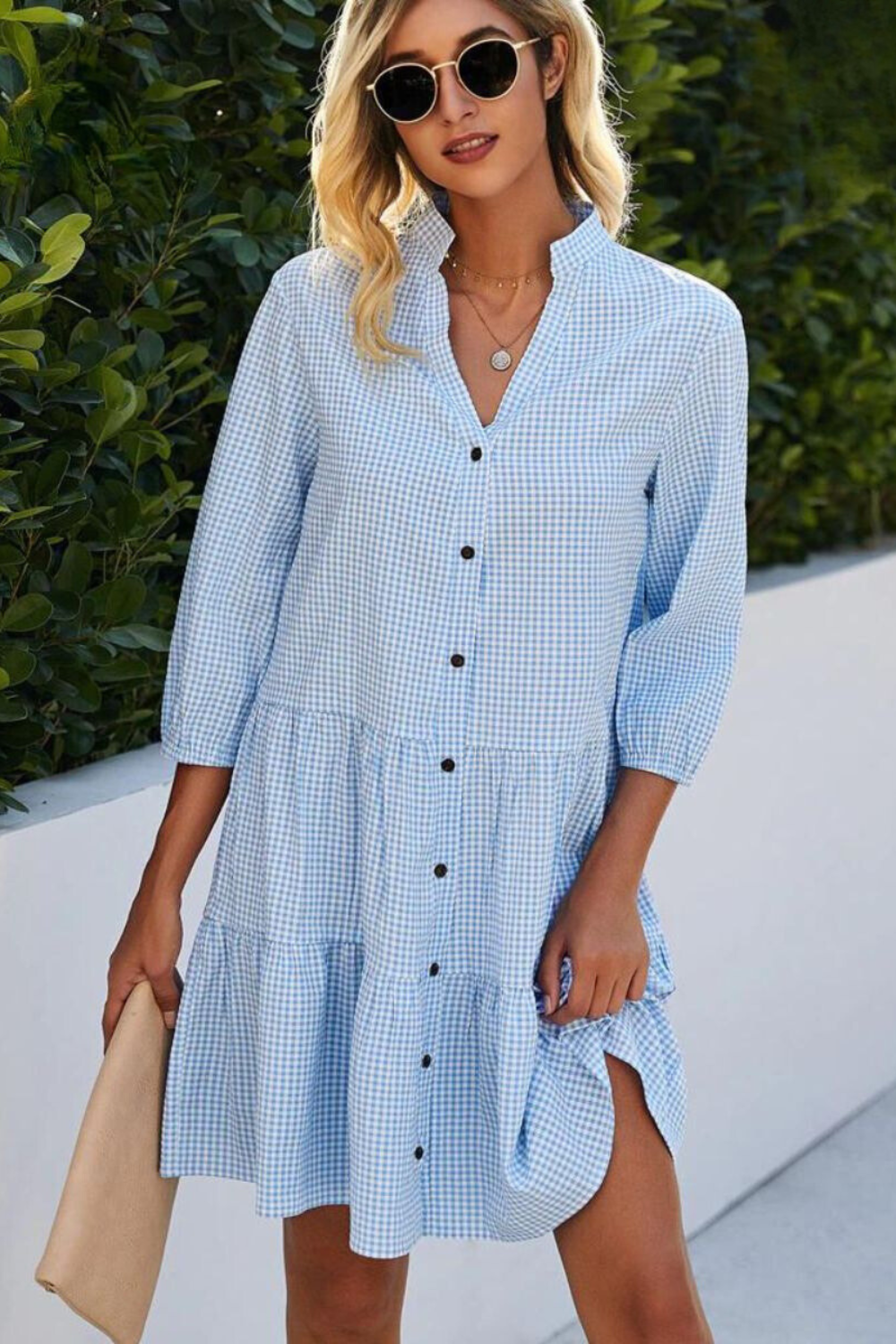 Gingham Check Mandarin Collar V-Neck Button Front Tiered Mini Dress
