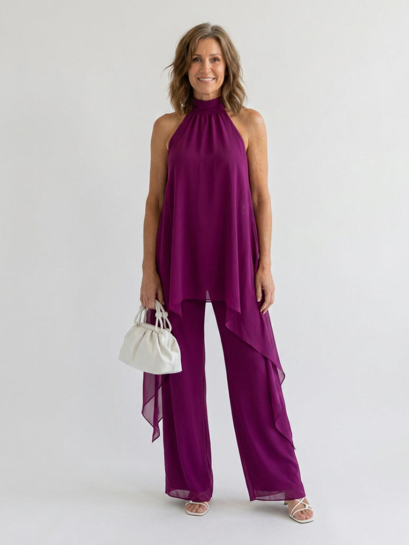Halter Neck Chiffon Overlay Top and Wide Leg Pants Two Piece Set