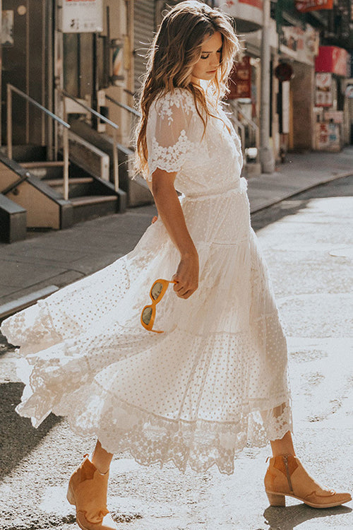 Sheer Lace Short Sleeve Swiss Dot Mesh Tiered Scalloped Hem Maxi Dress