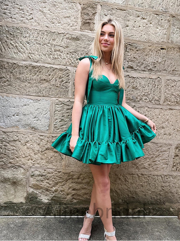 Satin Sweetheart Bow Tie Strap Ruffle Hem A-Line Mini Homecoming Dress
