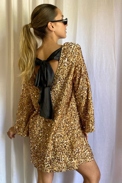 Sequin Long Sleeve Open Back Bow Tie Mini Dress