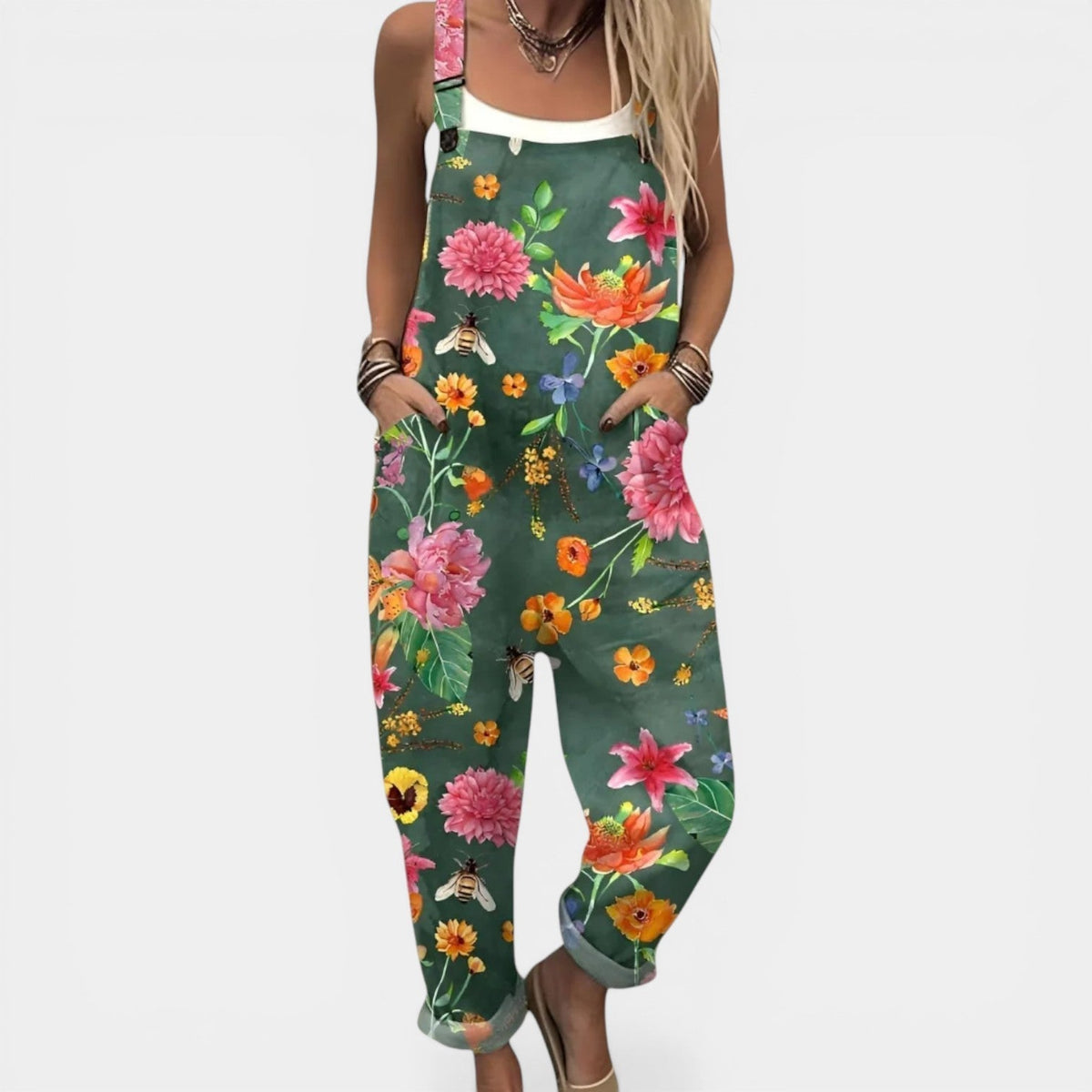 Floral Print Sleeveless Pocket Wide Leg Overall Jumpsuit