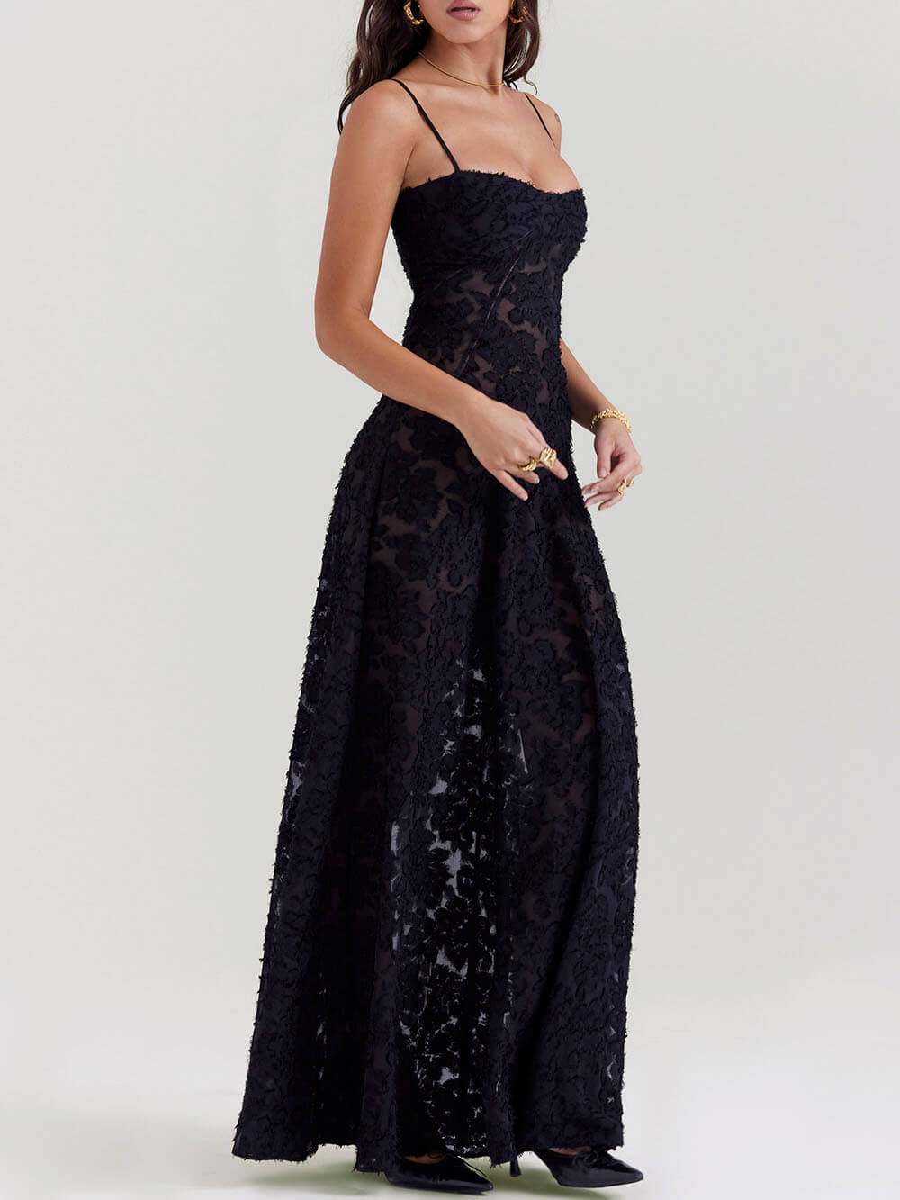 Black Floral Lace Back Maxi Dress - View 4