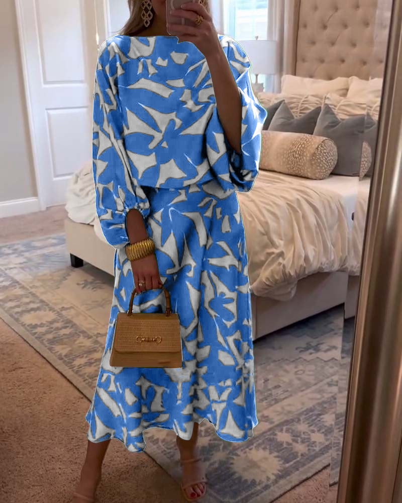 Abstract Print Lantern Sleeve Top and Midi Skirt Two Piece Set