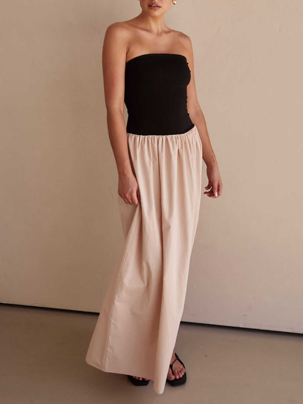 Strapless Contrast Bodice Drop Waist Gathered Maxi Dress 3