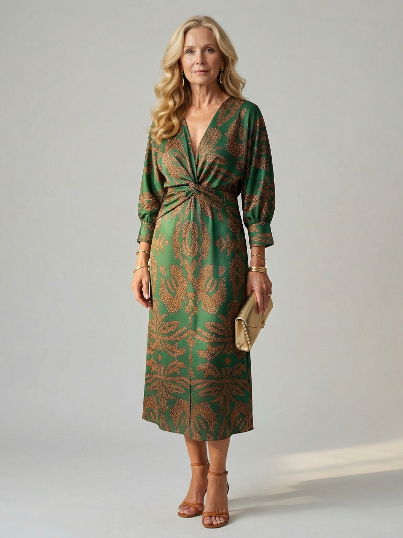 Paisley Print V-Neck Twist Front Long Sleeve Midi Dress