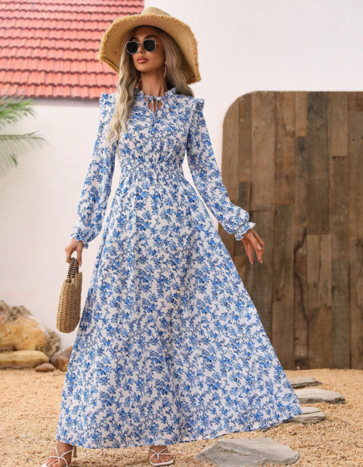 Floral Print Long Sleeve Keyhole Smocked Waist Maxi Dress
