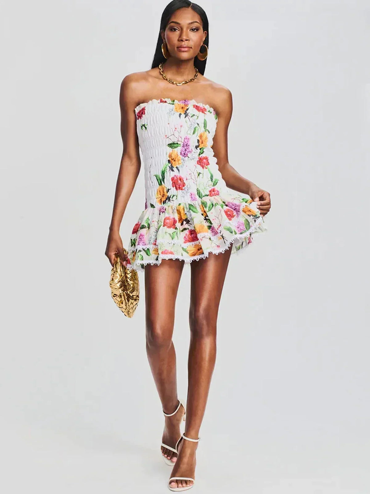 Floral Print Strapless Smocked Lace Trim Ruffle Hem Mini Dress
