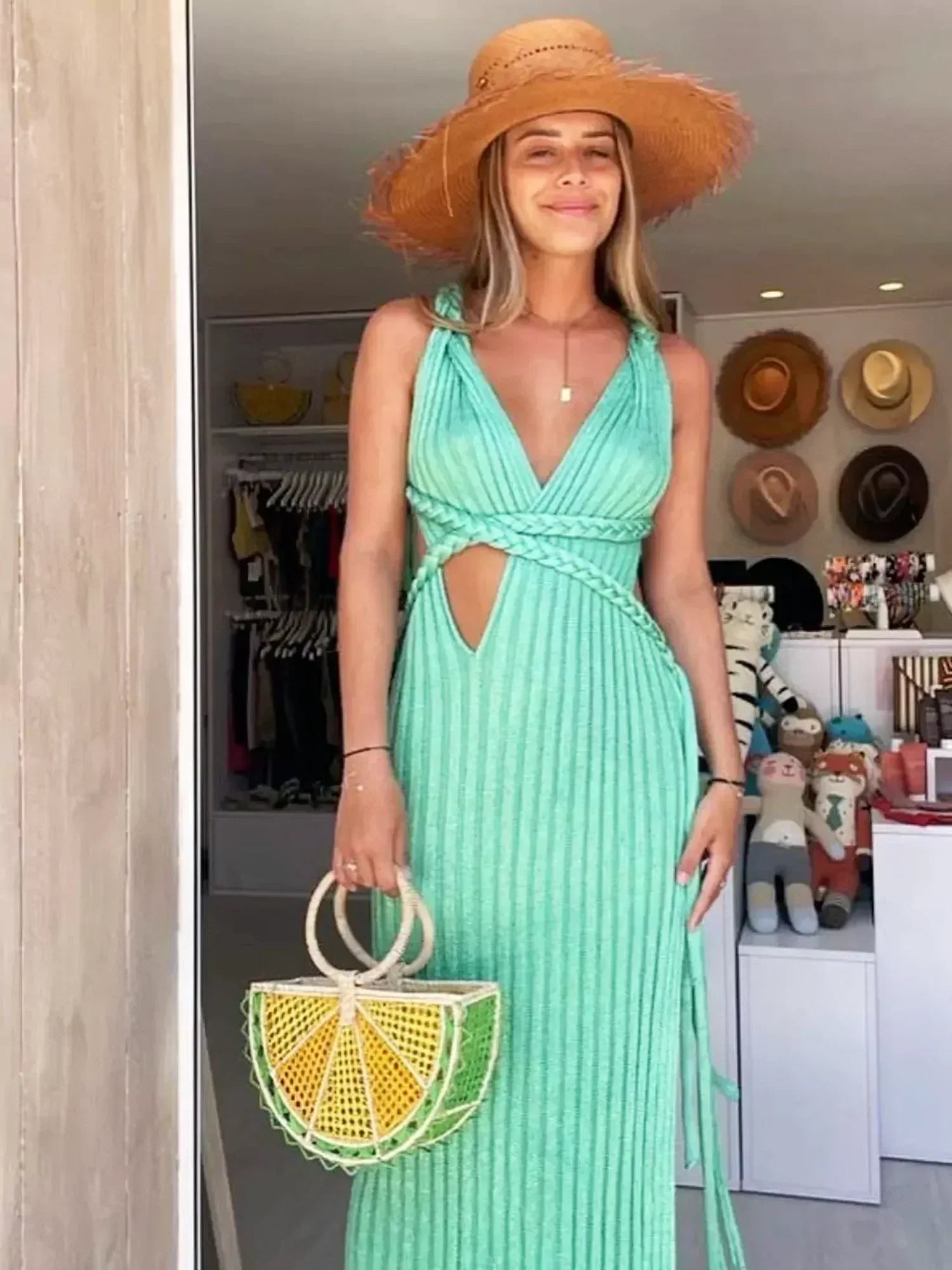 Ribbed Knit Halter Neck Deep V-Neck Cut Out High Split Bodycon Maxi Dress