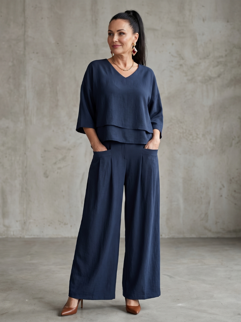 V-Neck Layered Top and Wide Leg Pants Two Piece Set