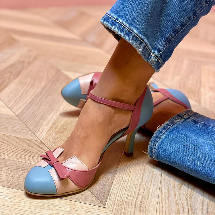 Round Toe Bow Ankle Strap Stiletto Pumps