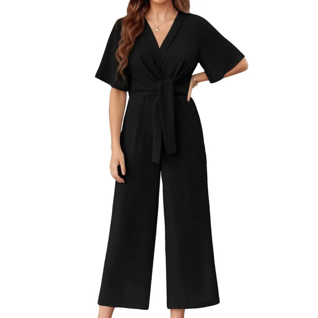 V-Neck Short Sleeve Tie Front Wide Leg Jumpsuit