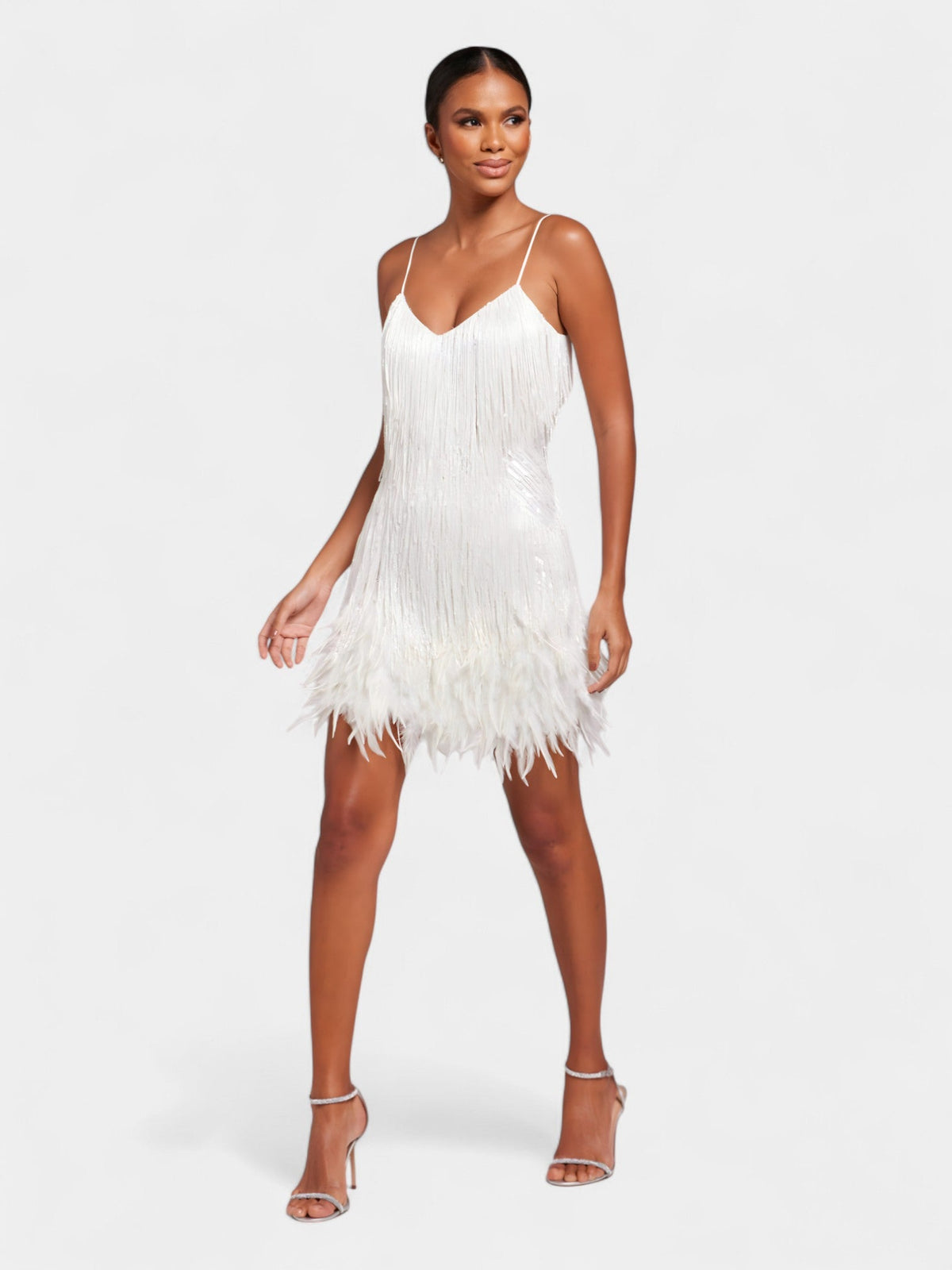 Spaghetti Strap Fringe Feather Hem Mini Dress 2