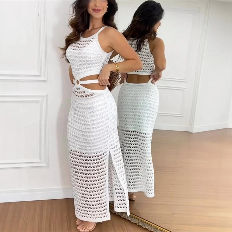 Open Knit Mesh Sleeveless Cut Out O-Ring Waist High Split Maxi Summer Dress