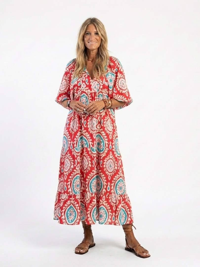 Medallion Print V-Neck Short Sleeve Tiered Maxi Dress