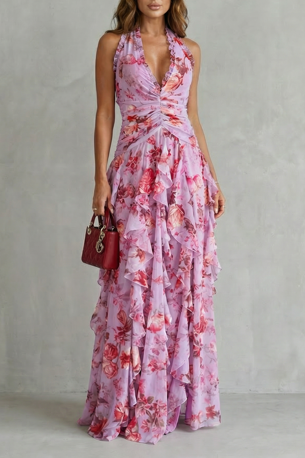 Floral Halter Deep V-Neck Ruffle Chiffon Maxi Dress