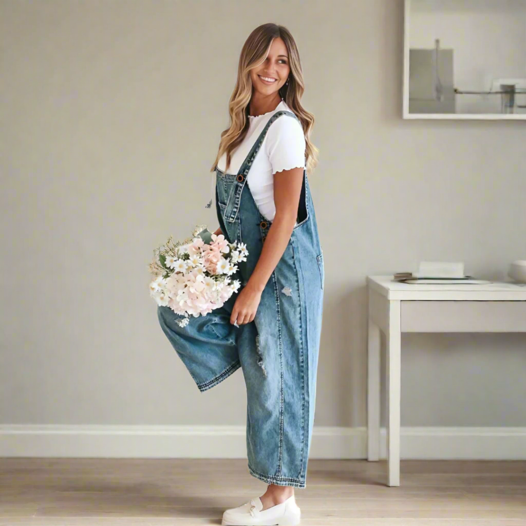 Distressed Denim Wide Leg Overall Jumpsuit