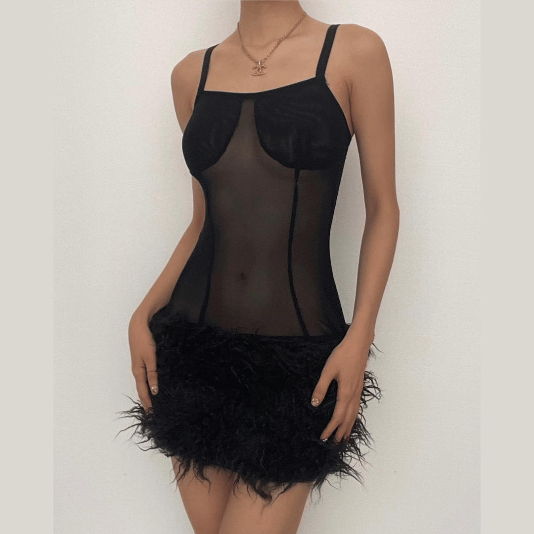 Mesh see through feather sleeveless backless mini dress 2