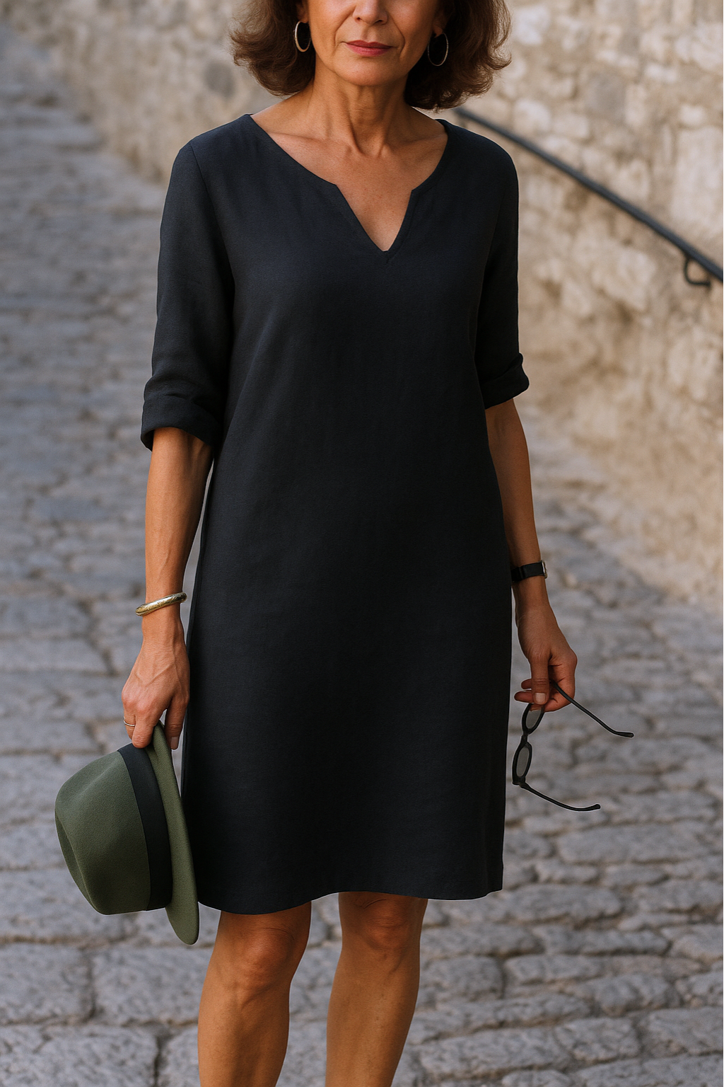 Notch V-Neck Roll Sleeve Shift Midi Dress