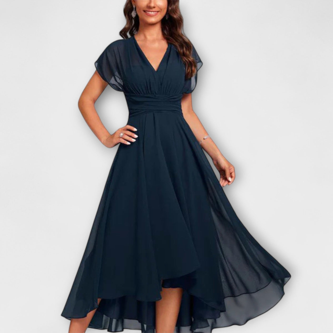 Chiffon V-Neck Flutter Sleeve Ruched High Low Midi Dress