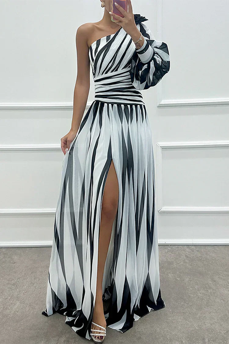 Shiloh - Elegant Striped One Shoulder Maxi Dress White