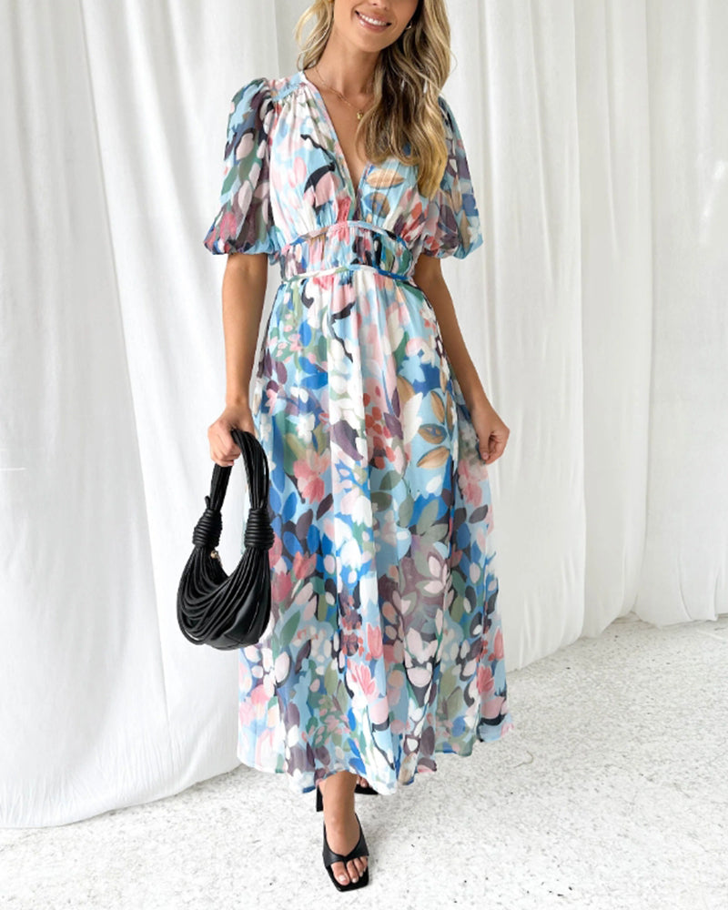 Floral Chiffon Deep V-Neck Long Sleeve Cut Out Maxi Dress 3