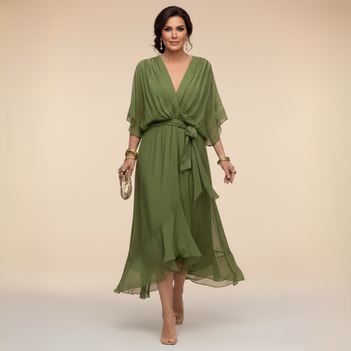 Deep V-Neck Kimono Sleeve Belted Ruffle Wrap Midi Dress