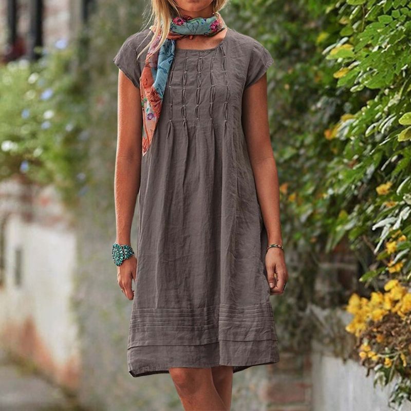 Short Sleeve Pintuck Gathered Front Tiered Band Hem Knee Length Summer Dress