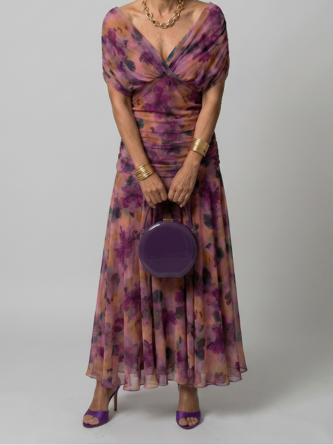 Floral Print Off Shoulder Twist Front Ruched Maxi Dress