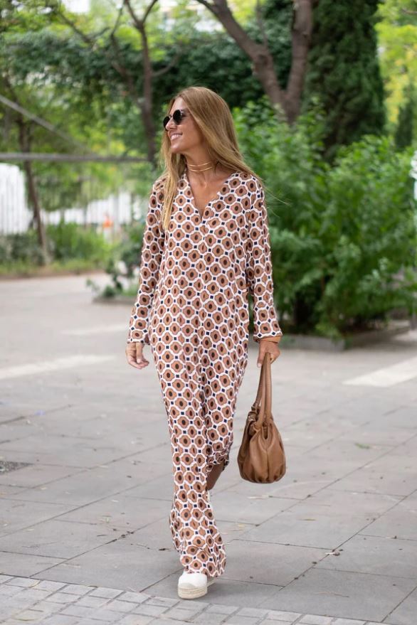 Geometric Print V-Neck Long Sleeve Maxi Dress