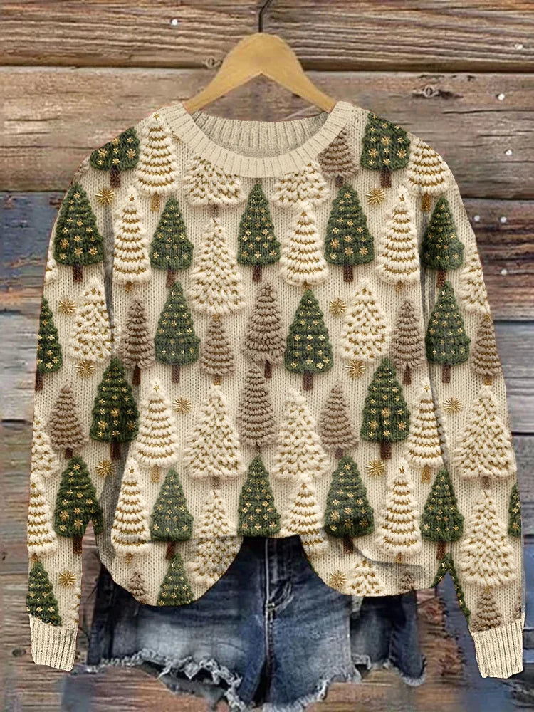 Crew Neck Christmas Tree Pattern Knit Sweater