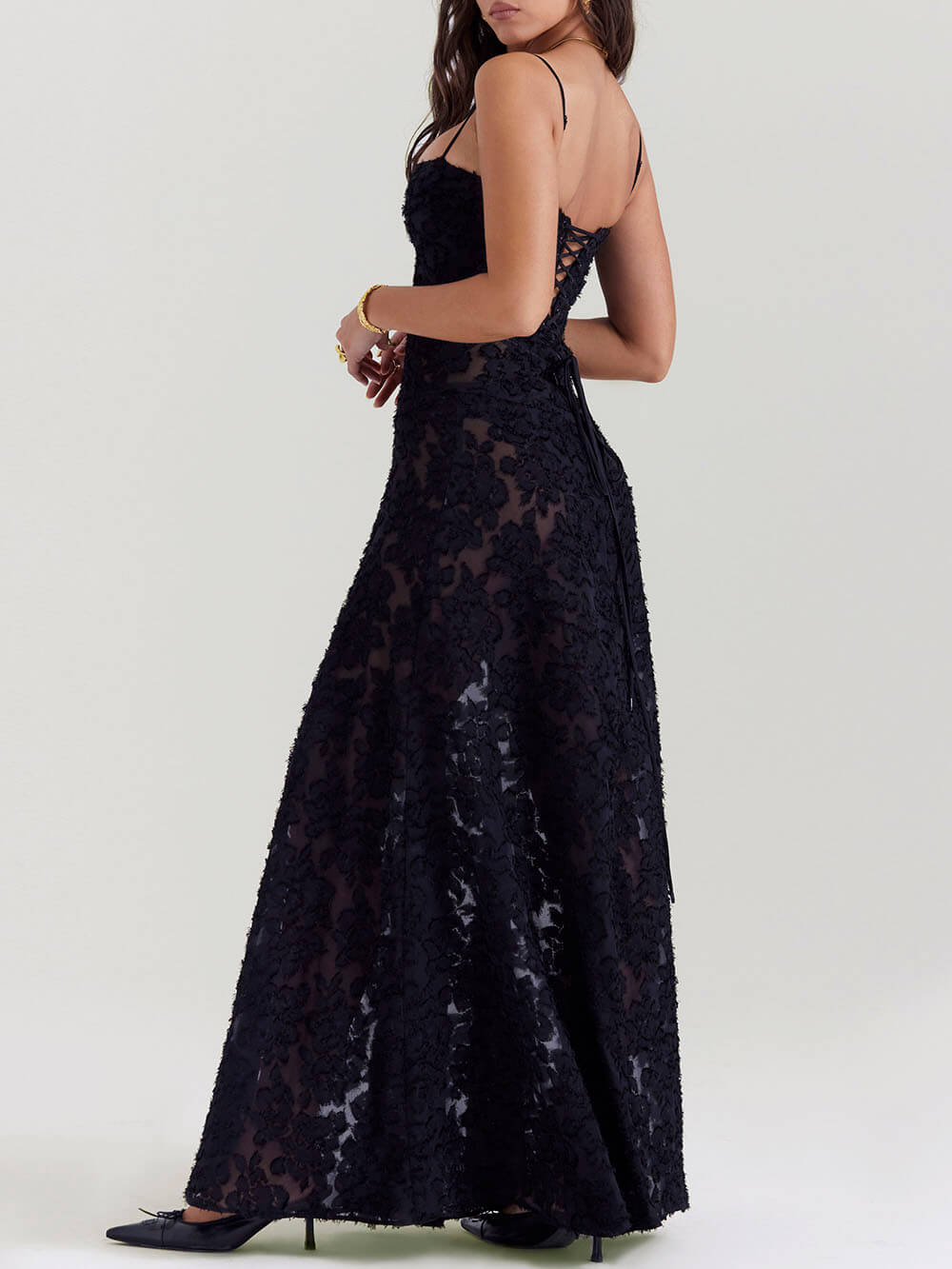 Black Floral Lace Back Maxi Dress - View 5