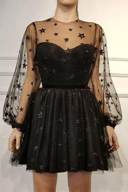 Tulle Star Print Puff Sleeve Mesh Overlay Sweetheart Mini Dress