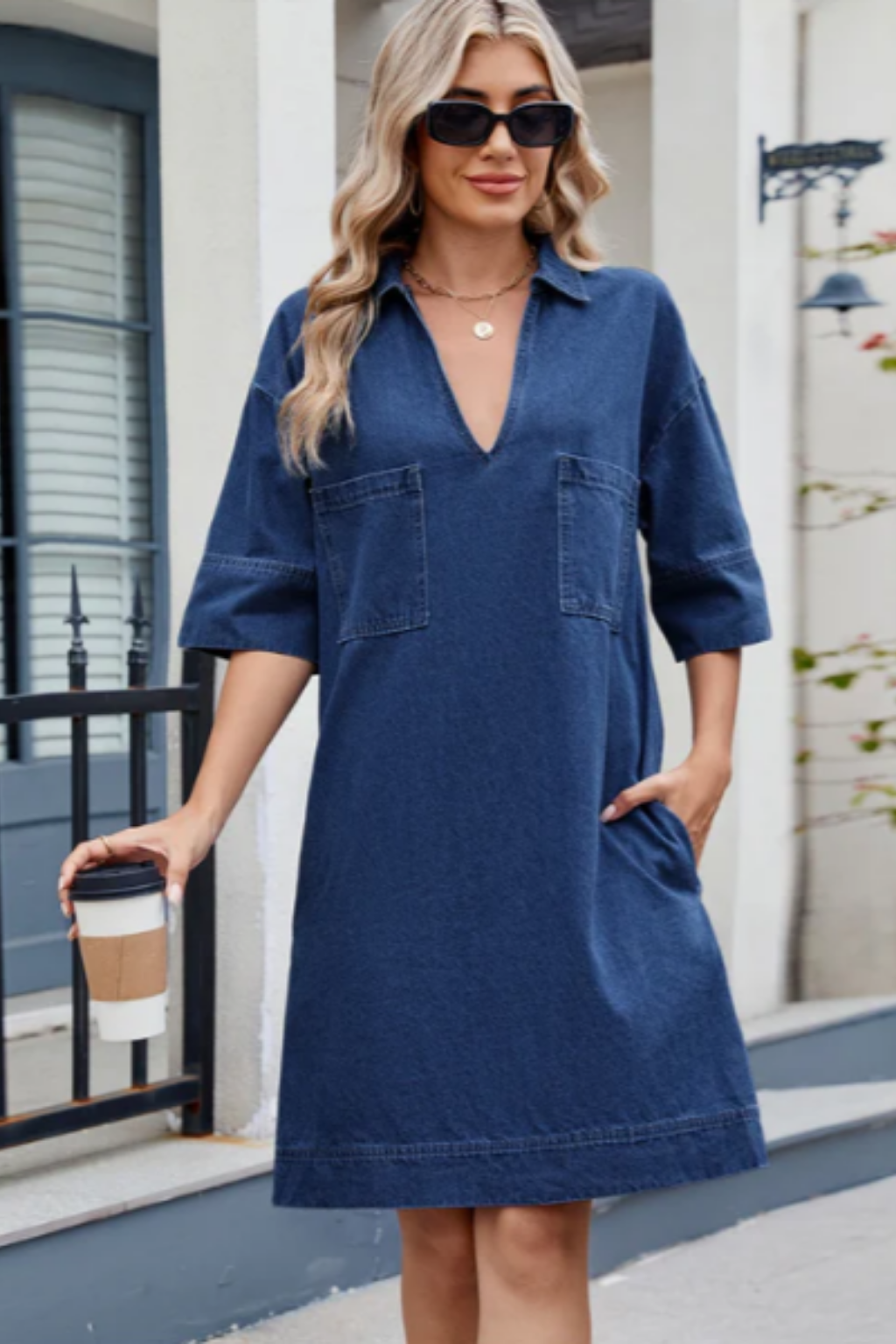 Collared V-Neck Patch Pocket Denim Mini Dress