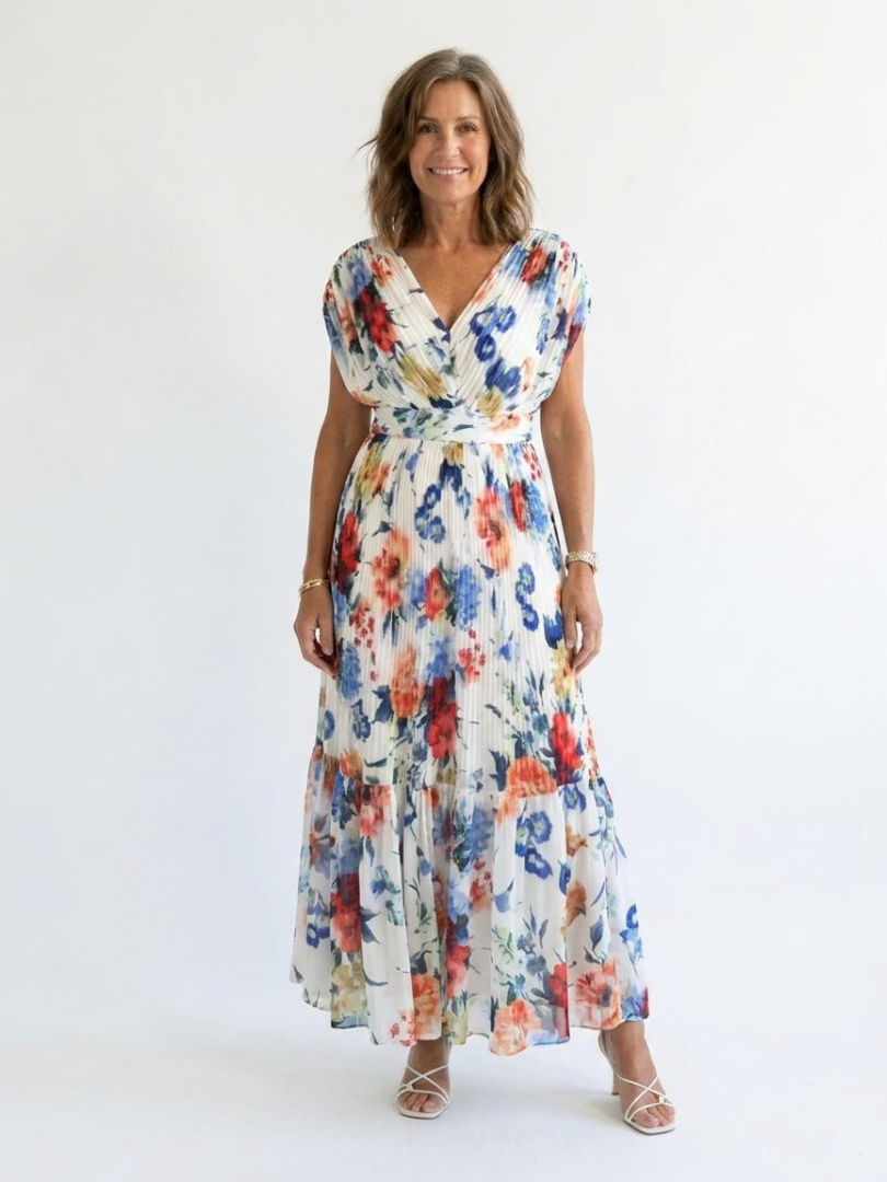 Floral V-Neck Short Sleeve Pleated Tiered Maxi Dress