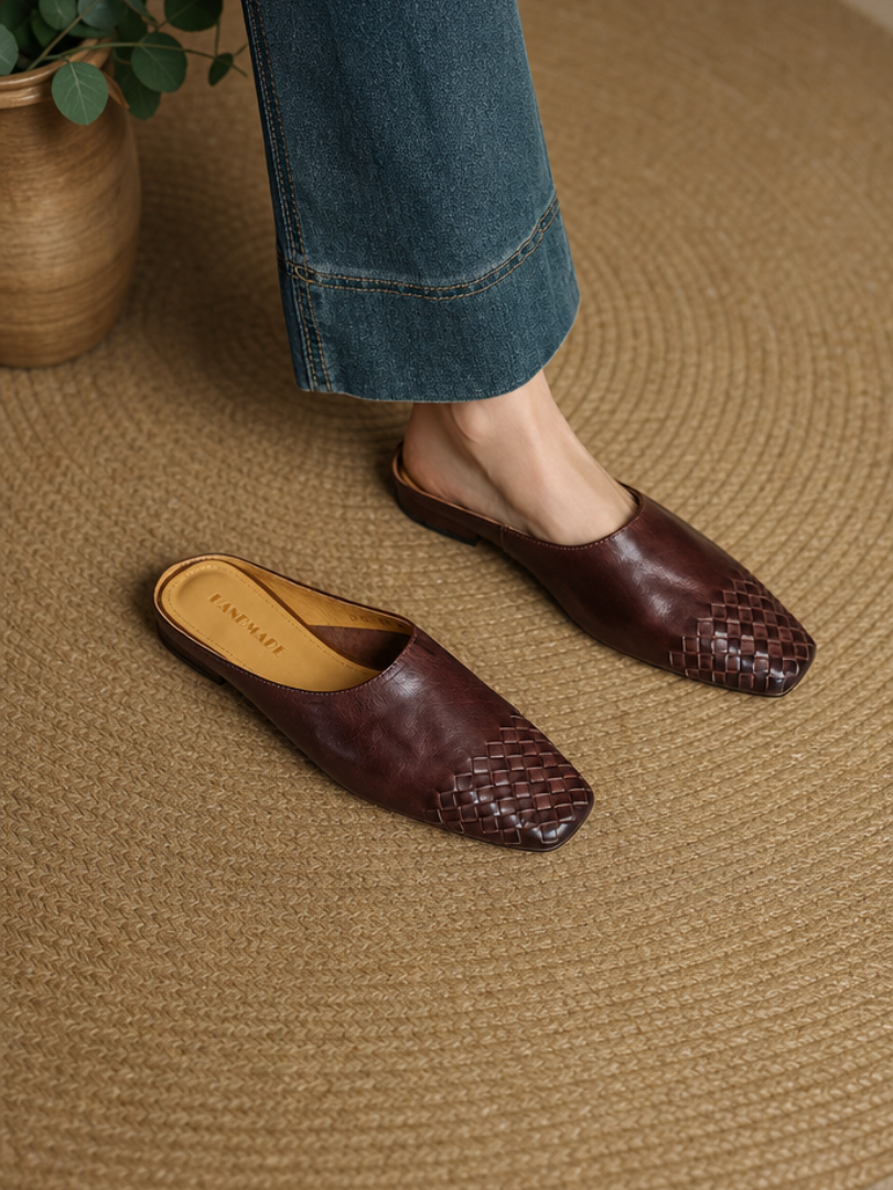 Woven Square Toe Flat Mules