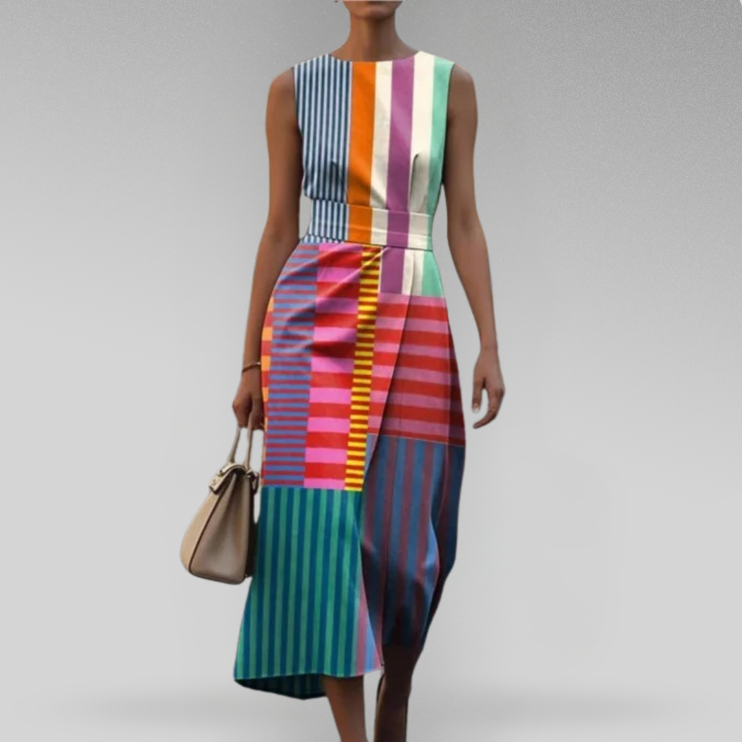 Mixed Stripe Print Sleeveless Asymmetric Hem Midi Dress