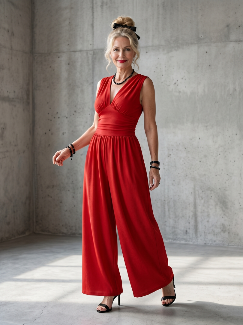 Deep V-Neck Sleeveless Ruched Waist Wide Leg Jumpsuit