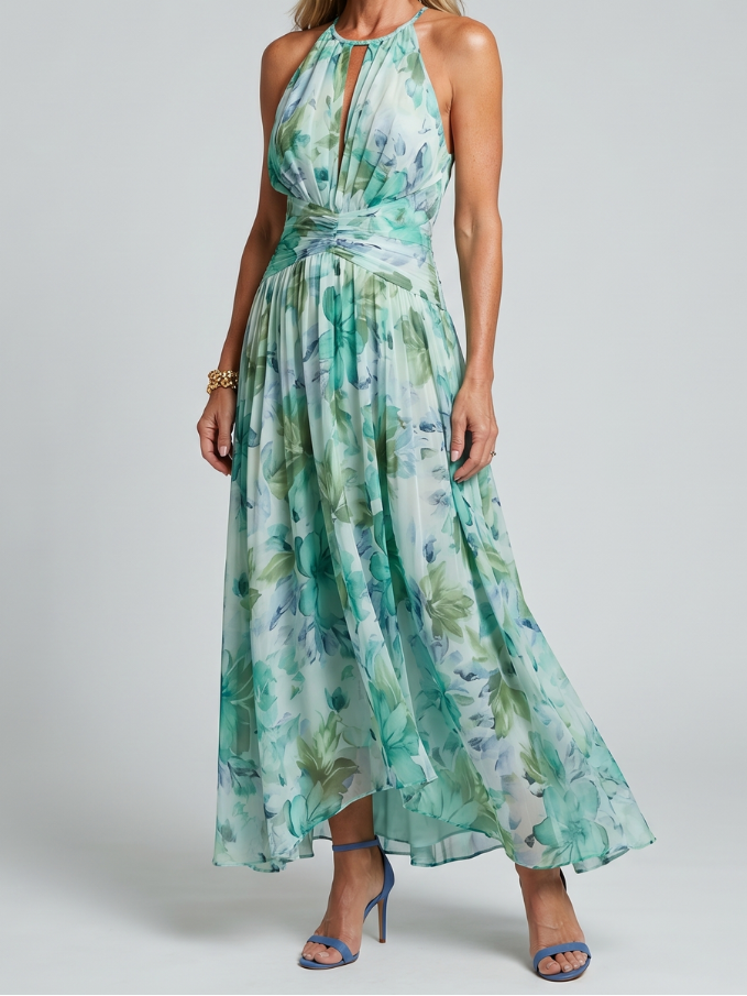 Floral Print Halter Neck Keyhole Pleated Maxi Dress