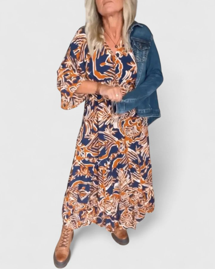 Abstract Floral Print Round Neck Three Quarter Sleeve Maxi Dress