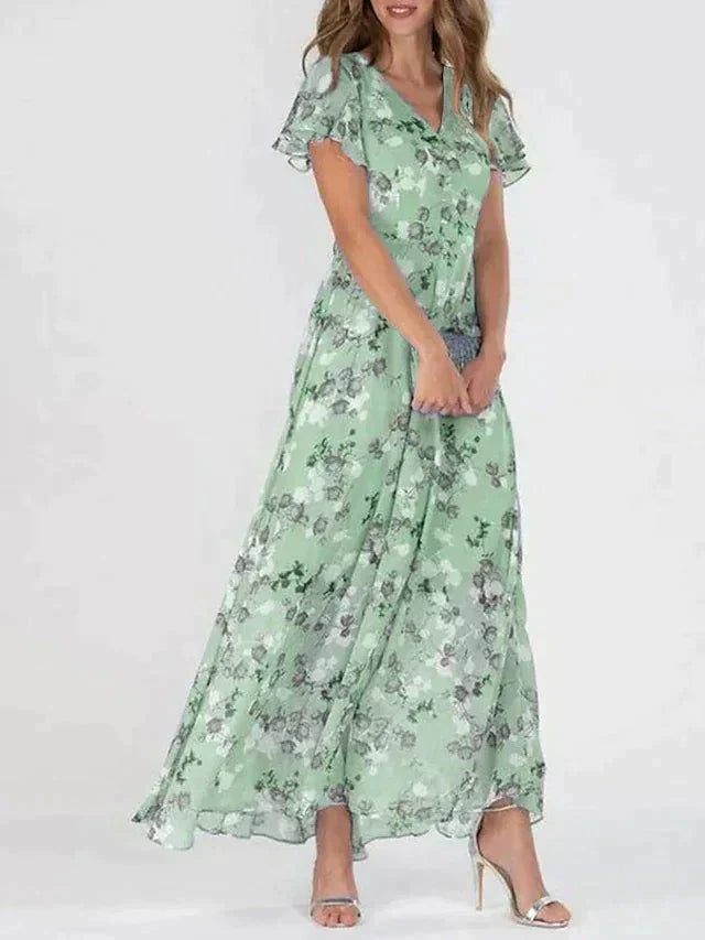 Floral Print V-Neck Button Front Flutter Sleeve Maxi Dress