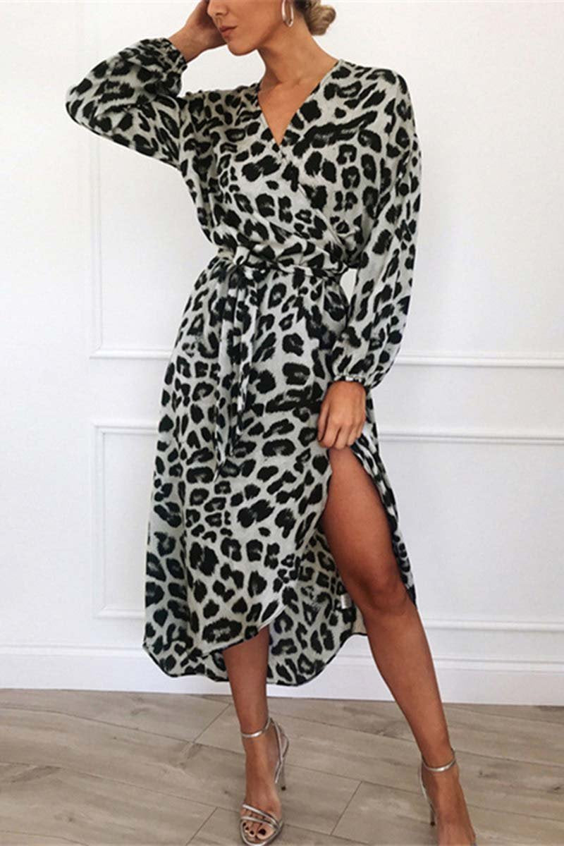 Leopard Print Wrap Deep V-Neck Long Sleeve Tie Waist Side Slit Midi Dress
