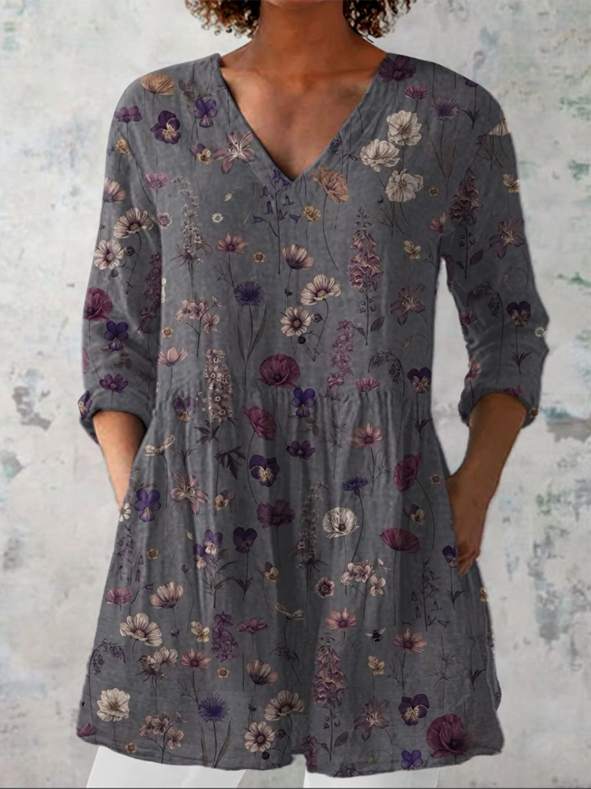 V-Neck Long Sleeve Floral Tunic Blouse