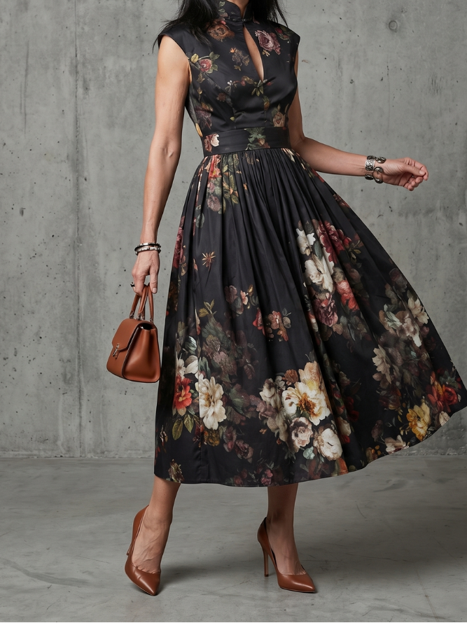 Floral Print Mock Neck Keyhole Sleeveless Belted Midi Dress
