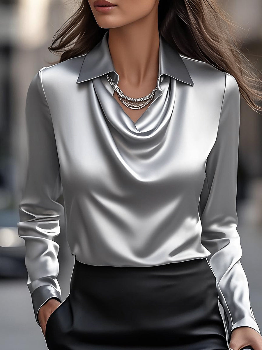 Satin Cowl Neck Collared Long Sleeve Blouse