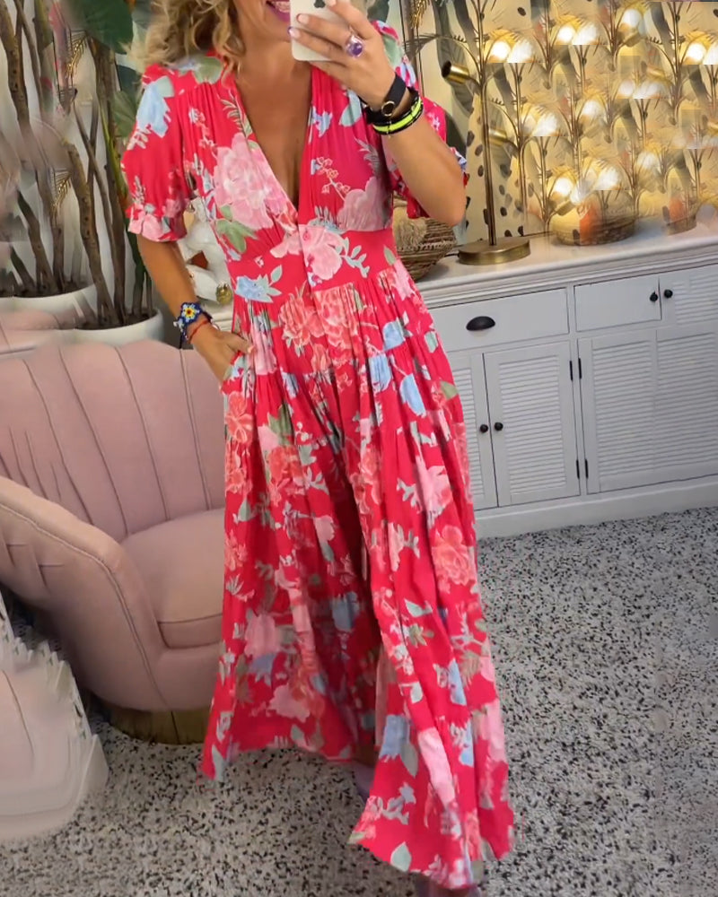 Floral Print Deep V-Neck Puff Sleeve Empire Waist Tiered Pocket Maxi Dress