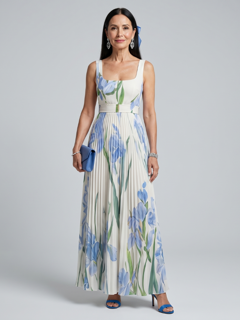 Floral Square Neck Sleeveless Pleated Maxi Dress