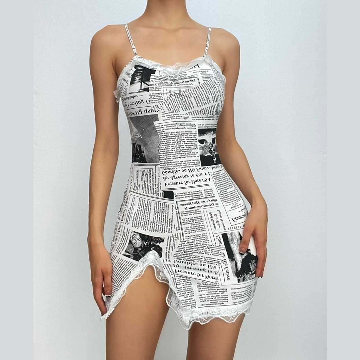 Newspaper Print Lace Trim Spaghetti Strap Sweetheart High Split Mini Dress